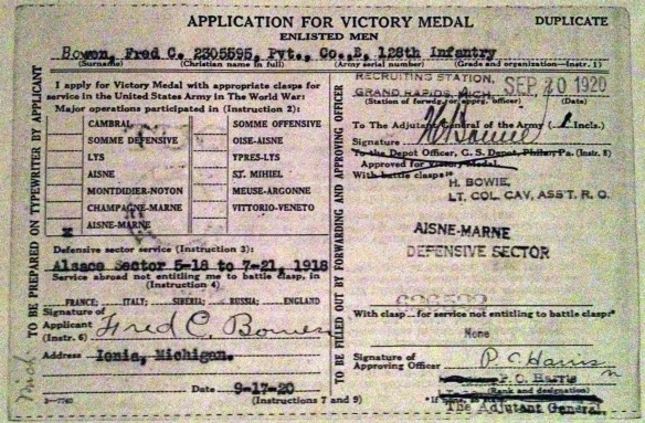 Bowen, Fred C., Application for Victory Medal (RG 85-78, Box ??), Archives of Michigan.